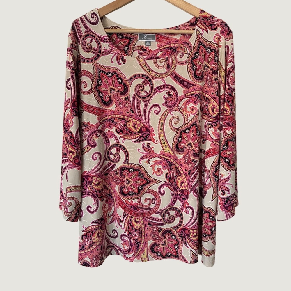 JM Collection Woman Pink Paisley Tunic Top 3/4 Sleeve Plus Size 2X boho Casual